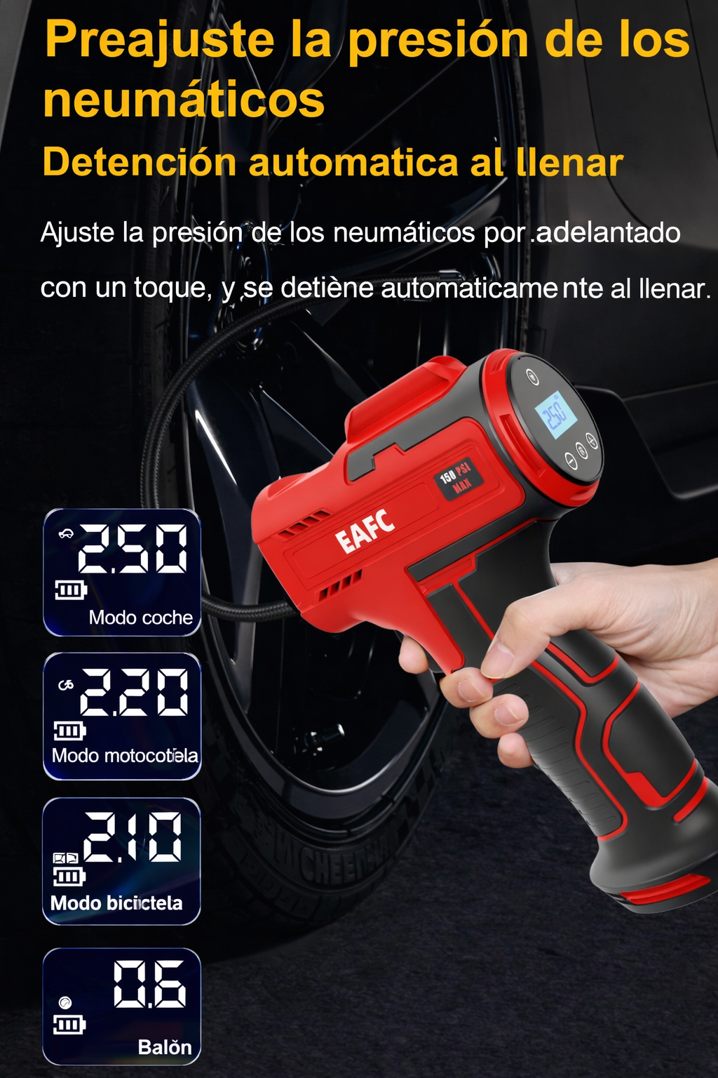 Bomba de aire inalámbrica para coche 150PSI Compresor eléctrico portátil Bomba inflador de neumáticos